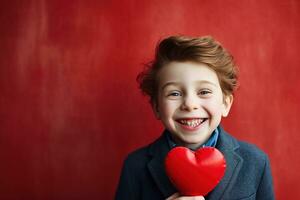 ai generado contento pequeño chico con rojo corazones en San Valentín día. foto