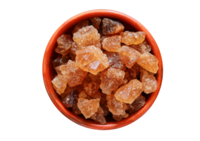 Cubes of organic palm tree rock sugar candy in a bowl isolated on a transparent background, Clipping path included png