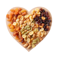 ai generado Fresco seco frutas y nueces en corazón forma en transparente antecedentes png imagen