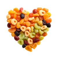 ai generado Fresco seco frutas y nueces en corazón forma en transparente antecedentes png imagen