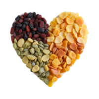 AI generated fresh dried fruits and nuts in heart shape on transparent background PNG image