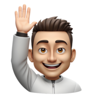 AI generated 3d person cartoon emoji with a smile raising his hand on transparent background PNG image