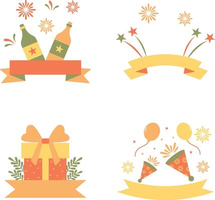 New Year Party badge Sticker Set. Isolated On White Background. Flat Design. Vector Illustration