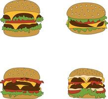 Burger Food Illustration In Trendy Design. Isolated On White Background, Vector Icon Set.