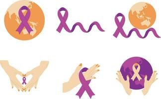 World Cancer Free Day Collection. With Hands, Ribbons, and Hearts. Isolated Vector