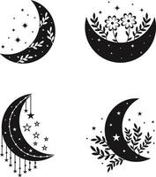 Celestial Moon Decoration With Flowers, Leaves, Stars Ornaments. Crescent Moon. Isolated On White Background. Vector Illustration Set.