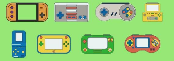 Set of handheld retro game consoles. Isolated vector cartoon colorful consoles on green background.