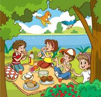 picnic a el lago. vector ilustración de un grupo de niños teniendo un picnic en el parque.