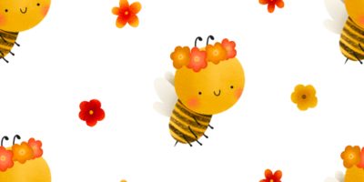 Funny honey bee with flower wreath. Cute childish seamless pattern with insects. Spring background png