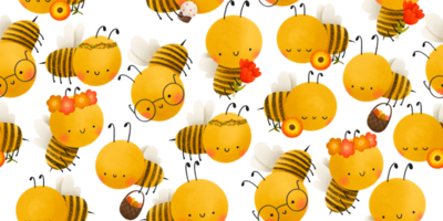 Cute childish bee pattern. Seamless Easter background with yellow bees and flowers, easter cakes and eggs png