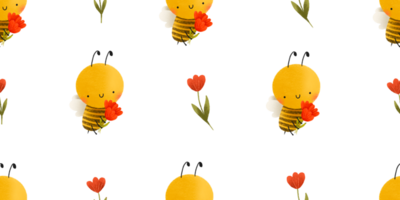 Cute bee with tulip bouquets. Spring seamless pattern. Childish isolated background with insects and flowers png