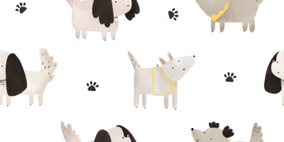 Cute funny cartoon domestic dogs characters hand painted illustration. Puppy walking, playing and posing. Footprint and pet track png