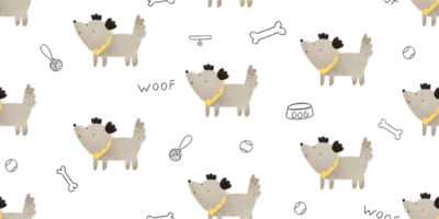 Little cute puppy. Funny dog seamless pattern. Endless design with domestic animals. Dogs supplies background png