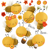 Cute cartoon bees. Bee with flowers and cakes, eggs. Easter clipart. Flower isolated elements png