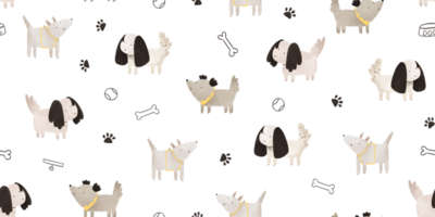 Little funny puppy and dog toys. Seamless flat pattern. Simple childish design with dogs on transparent background png