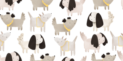 Different dogs seamless pattern. Cute puppies endless background. Domestic pets on transparent background png