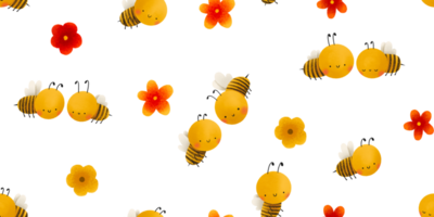 Seamless pattern with bees and flowers. Cartoon hand draw childish illustration. png
