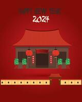 Happy Chinese New Year 2024. Temple banner and lantern template design. with a red background vector