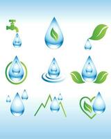 Vector blue water drop icon set. Collection of realistic drop logo shapes. equipped with faucets, leaves, water waves. water 3d icon