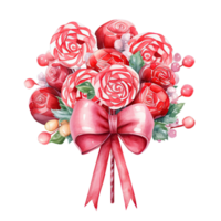 AI generated Watercolor Valentines Candy Bouquets decorated with bows in pink and red png