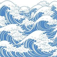 detallado azul y blanco Oceano olas en de inspiración japonesa estilo en blanco antecedentes vector