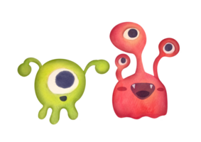 clipart watercolor baby characters similar to alien, monster, microbe on transparent background. cartoon red bacteria with three eyes, green microorganism with flagella, cell with tail png
