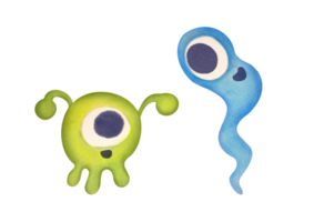 clipart watercolor baby characters similar to alien, monster, microbe on transparent background. cartoon bacteria with eyes, green microorganism with flagella, long blue cell with tail png