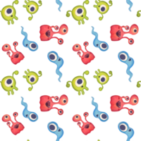 sömlös mönster med vattenfärg bebis tecken liknande till utomjording, monster, mikrob bakgrund. tecknad serie röd bakterie med tre ögon, grön mikroorganism med flagella, lång blå cell med svans png