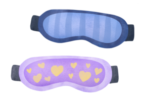 cute Sleep masks. blue, striped, purple with heart loungewear. watercolor set on transparent background, cutout clip art personal accessory for comfort bedtime, deep relaxation. help with insomnia png