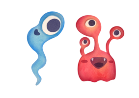 clipart watercolor baby characters similar to alien, monster, microbe on transparent background. cartoon red bacteria with three eyes, microorganism with flagella, long blue cell with tail png