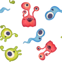 sömlös mönster med vattenfärg bebis tecken liknande till utomjording, monster, mikrob bakgrund. tecknad serie röd bakterie med tre ögon, grön mikroorganism med flagella, lång blå cell med svans png