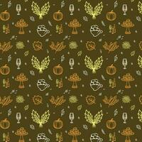 Hand-Drawn Autumnal Beer and Hop Pattern on Dark Green Background vector