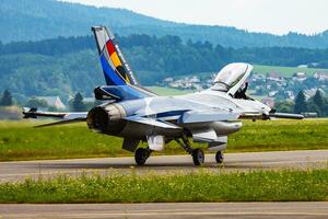 Military fighter jet plane at air base. Air force flight operation. Aviation and aircraft. Air defense. Military industry. Fly and flying. photo