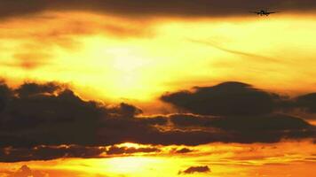 cinematográfico imágenes de pasajero avión que se acerca aterrizaje. nublado hermosa atardecer, avión en el cielo. turismo y viaje concepto video