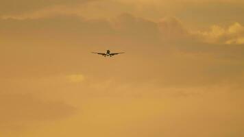 Jet plane approaching to land at bright sunset sky. Unrecognizable airliner in the backlit sky. Cinematic shot of airplane flies, beautiful sunset video