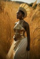 AI generated Beautiful african american woman in golden wheat field at sunset photo