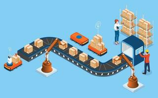 3D isometric automated warehouse robots and Smart warehouse technology Concept with Warehouse Automation System and Autonomous Robot Transportation operation service. Vector illustration EPS 10