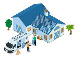 Solar panels installation service. Installing the grid with a renewable energy system are construction technicians in a van. Vector illustration eps10