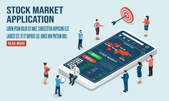 3D isometric stock marketing application concept with business people, online statistic, data Analytics, finance and online trading.  Vector illustration eps10