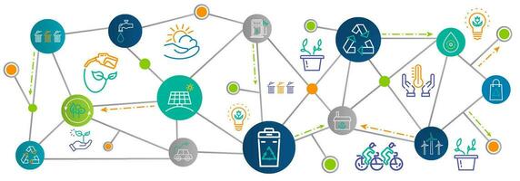 Ecology and Environment background with green supply chain icons and environmentally friendly logo. Flat style illustration isolated on white background. Vector eps10