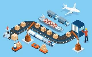 3D isometric Global logistics network concept with Transportation operation service, Supply Chain Management - SCM, Company Logistics Processes. Vector illustration EPS 10