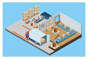 3D isometric automated warehouse robots and Smart warehouse technology Concept with Warehouse Automation System and Autonomous Robot Transportation operation service. Vector illustration EPS 10