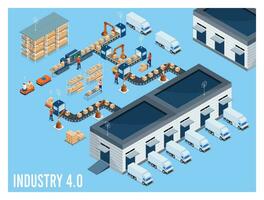 3D isometric Industry 40 concept with Internet of Things, Cloud computing, AI and machine learning, Edge computing, Cybersecurity and Digital twin. Vector illustration eps10