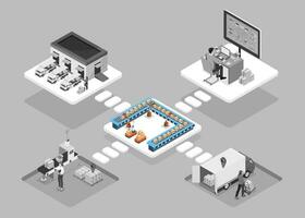 3d isométrica logístico concepto con trabajadores cargando productos en el camiones, almacenamiento edificios almacén logística, transporte operación servicio, logística gestión. vector ilustración eps 10