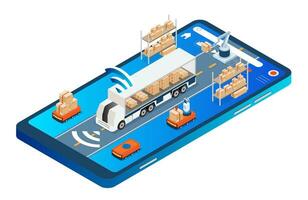 A self-driving truck with Robots loading cargo into truck with autopilot. Vector isometric illustration eps10