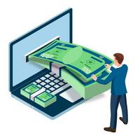 Man using a laptop to do financial transactions. Isometric vector illustration isolated on white background. eps10