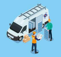 Solar panels installation service. Installing a renewable energy system to the grid is a construction technician worker's job. generating clean electricity. Vector eps10