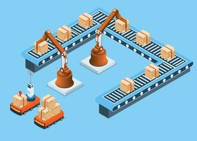 automatización fábrica concepto con almacén automatización sistema, transportador cinturón y autónomo robot. isométrica vector ilustración eps 10