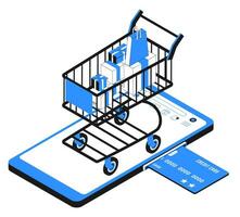 Credit card is inserted into Smartphone and Shopping Cart. Isometric vector illustration isolated on white background. eps10