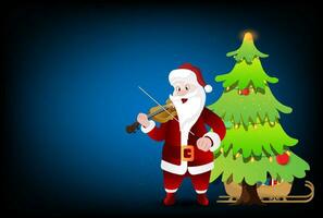 Smiling Santa Claus Playing A Violin with copy space on blue background. Vector illustration eps10